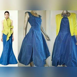 □$5,000 OSCAR DE LA RENTA EXCLUSIVE BLUE SILK BUBBLE HEM RUNWAY DRESS US 10